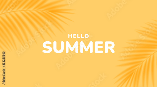 Yellow summer tropical background with tropical palm leaves. Minimal summer creative flat design. Vector illustration