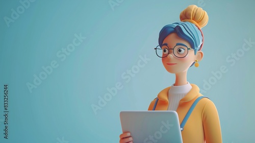 Wallpaper Mural 3D render of a young woman with glasses holding a tablet, wearing a yellow hoodie, blue hair and top knot against a turquoise background. 3D Illustration. Torontodigital.ca