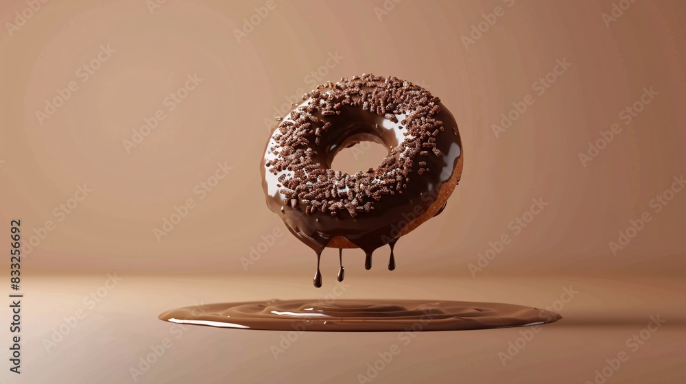 Fototapeta premium A delicious chocolate-glazed donut dripping with rich chocolate sauce, floating above a smooth brown surface. 3D Illustration.