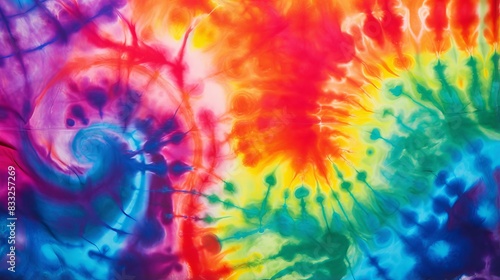 Vibrant tie-dye pattern featuring a kaleidoscope of swirling colors including red, blue, green, and yellow, creating a psychedelic and energetic visual effect.