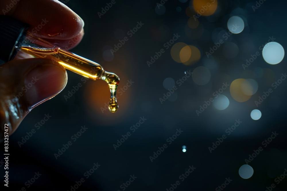 Obraz premium Hand holding a drop of vitamin E oil in liquid form Focuses on purity and has the potential to nourish the skin.