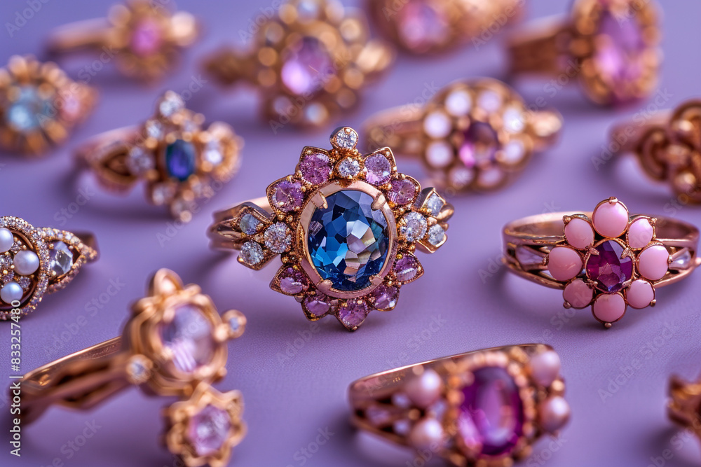 Fototapeta premium Jewlery collection for women,girls, teens, jewelery photography isolated on purple backdrop.