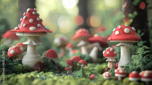 Fototapeta Naklejka Na Ścianę i Meble -  A whimsical forest scene with 3D rendered clay trees and mushrooms, gentle hues, high detail