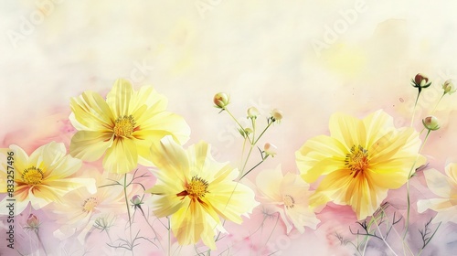 A serene scene of yellow cosmos flowers subtly mixed with soft watercolor washes in pastel pink  painted on high-quality watercolor paper  evoking a gentle and calming effect.