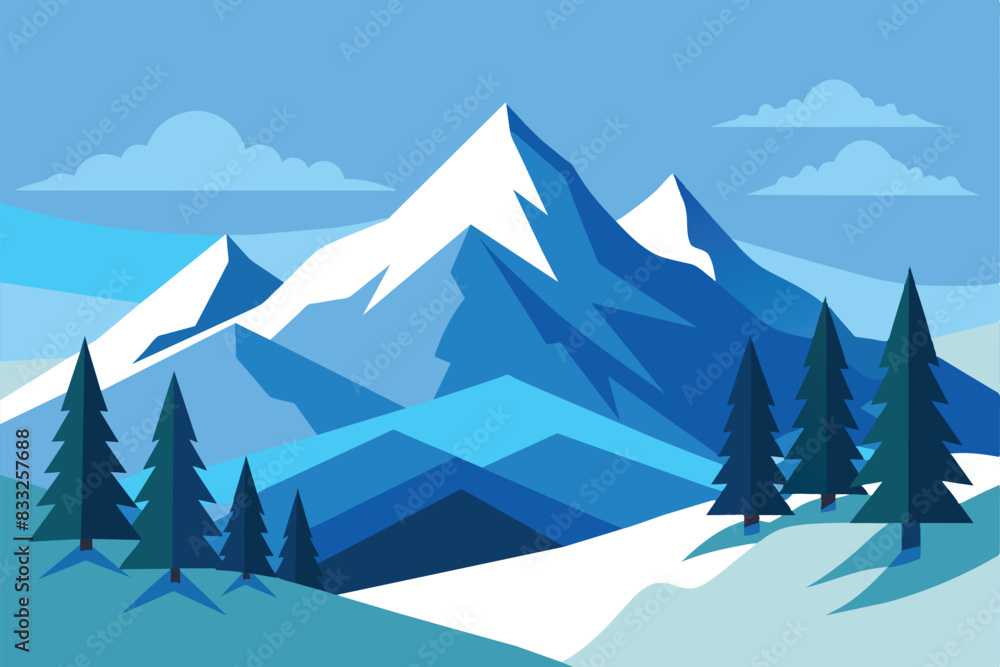 Vector illustration Winter snowy Mountains landscape with hills and pines