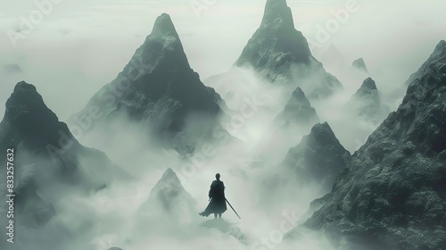 Intense gaze of a swordsman with ethereal energy among floating mountains, top view, representing power and mysticism, futuristic tone, Complementary Color Scheme