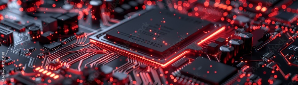 © Media Srock - Glowing red circuits of an intricate electronic motherboard