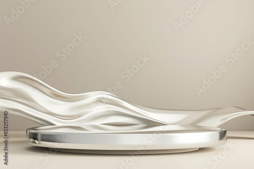 Luxurious podium with fluid silver waves. Ideal for highlighting premium goods in a graceful and sophisticated manner. Empty scene. Stage, display, showcase.