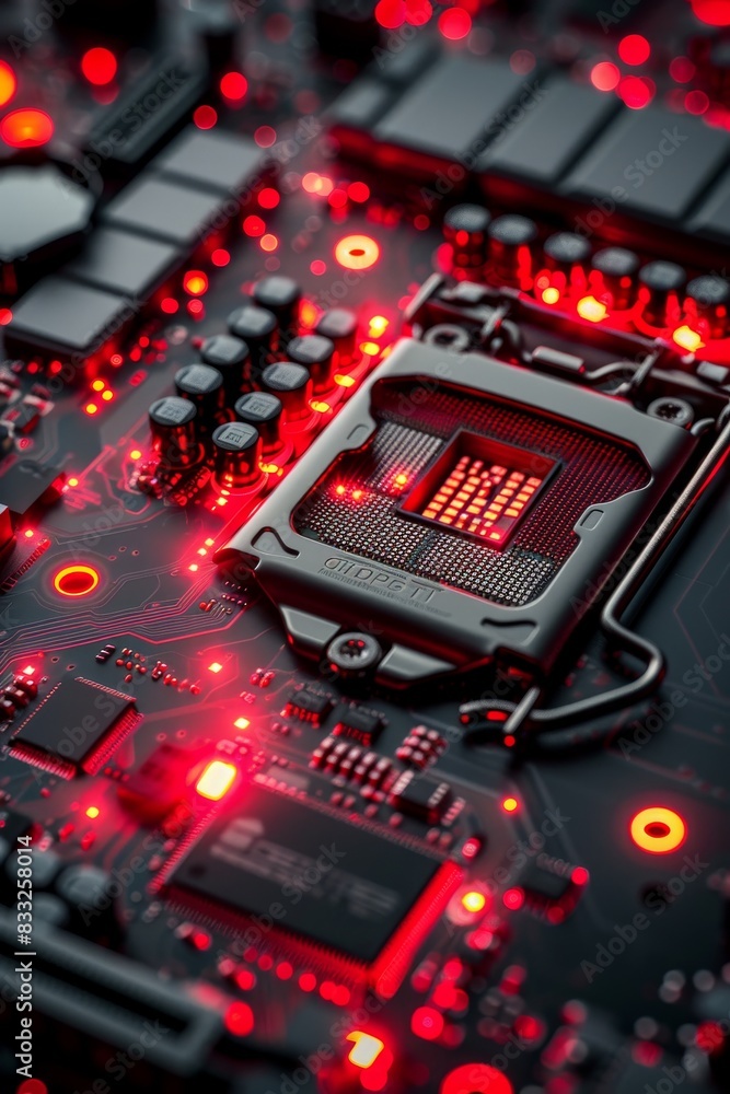 Fototapeta premium Glowing red circuits of an intricate electronic motherboard