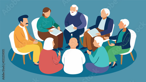 The group of church elders sat in a circle taking turns sharing personal stories of how the church had impacted their lives and discussing ways to. Vector illustration