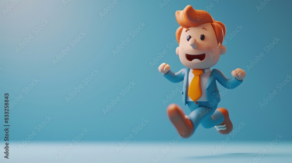 Colorful cartoon businessman in a blue suit and yellow tie, happily running against a blue background, expressing joy and enthusiasm. 3D Illustration.