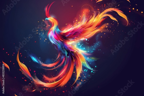 On a blue backdrop with neon colors, a phoenix bird is rendered digitally in abstract watercolor style.