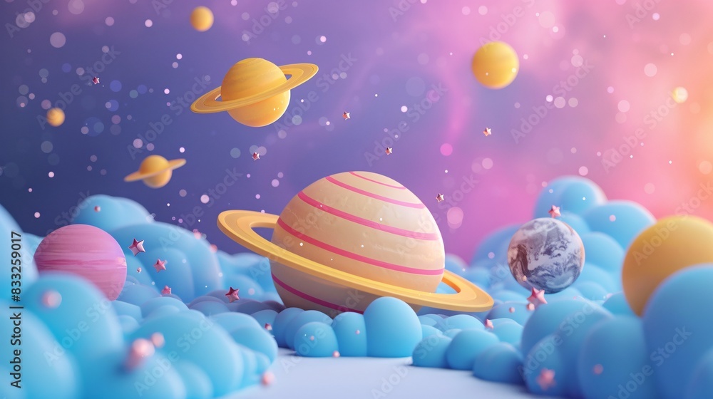 Naklejka premium Colorful 3D rendering of planets in space with soft clouds and a vibrant, dreamy background. Perfect for futuristic and imaginative themes. 3D Illustration.