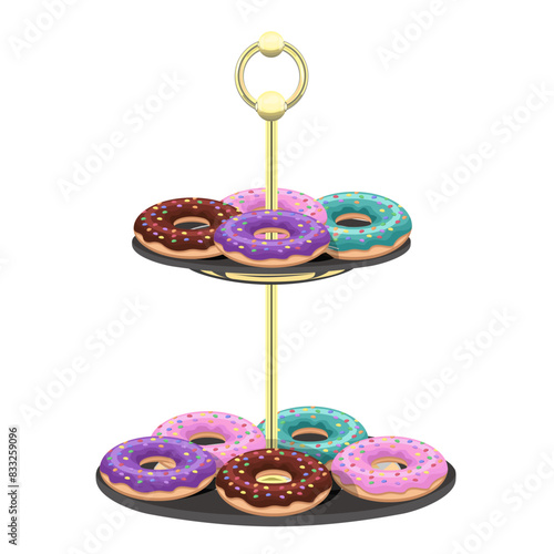 Multi-colored donuts on a two-tier dessert stand on a white background. Vector composition for cafes and restaurants, menus, holiday designs.