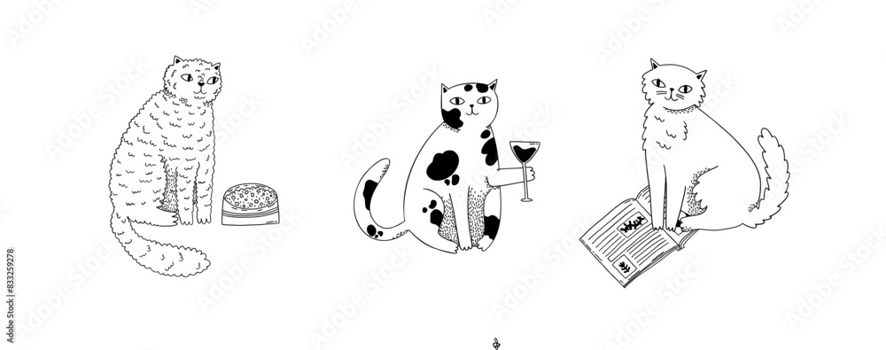 Obraz premium Set of cute doodle cats. Cozy home, lazy pets. Hand drawn vector illustration.