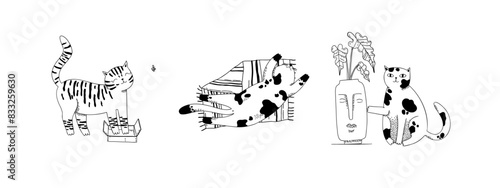 Set of cute doodle cats. Cozy home, lazy pets. Hand drawn vector illustration.