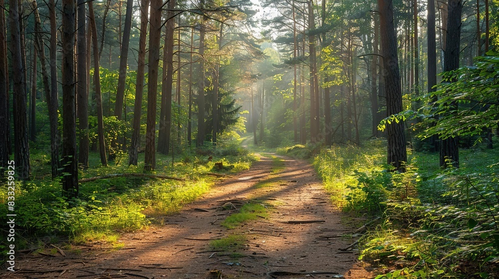 Fototapeta premium Scenic forest path bathed in golden sunlight, surrounded by lush greenery and tall trees, creating a tranquil nature atmosphere.