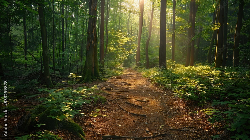 Obraz premium A serene forest path with sunlight streaming through the trees, creating a peaceful and inviting scene in nature.