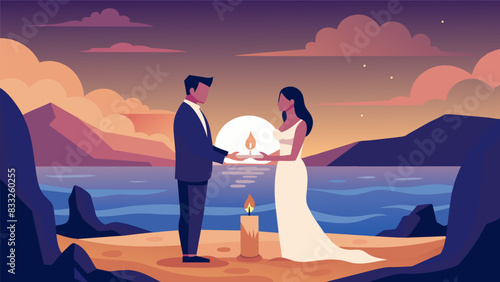 The warm glow of candlelight and the soothing sound of waves as a couple renews their vows in an intimate beach ceremony.. Vector illustration