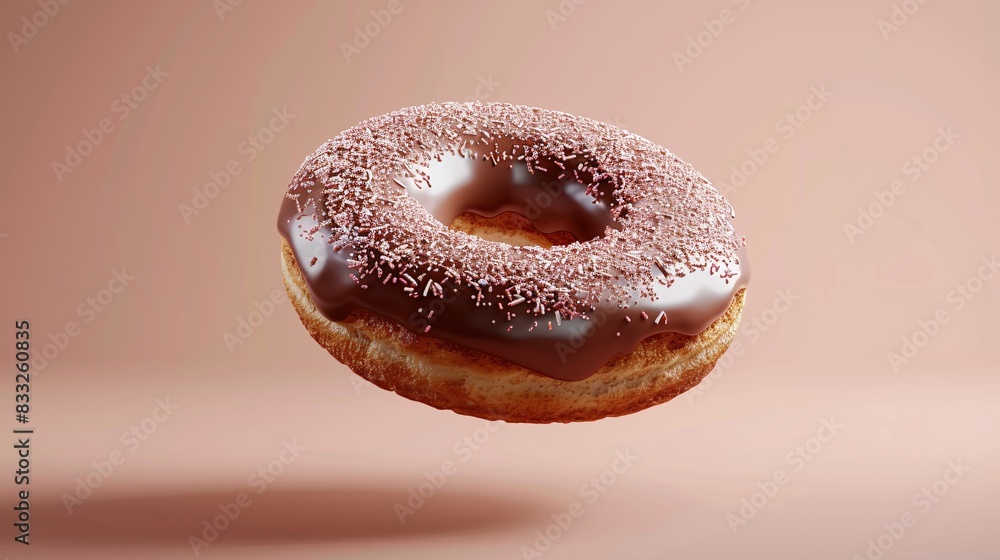 Floating delicious chocolate glazed donut with sprinkles on a soft pink background, showcasing sweet and tempting dessert confectionery. 3D Illustration. Floating delicious chocolate glazed donut with sprinkles on a soft pink background, showcasing sweet and tempting dessert confectionery. 3D Illustration.
