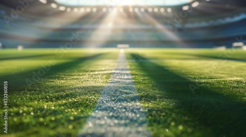 an empty football stadium during halftime. See the details of the soccer goals, goal posts, and neat spectator seats. The sun shone down and created beautiful shadows.