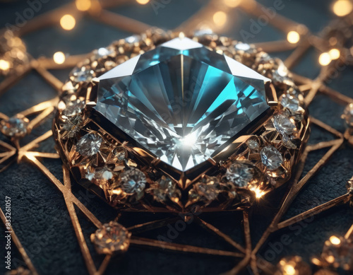 Un singolo diamante trasparente è adagiato su un anello di platino, riflettendo la luce in una miriade di scintille. photo