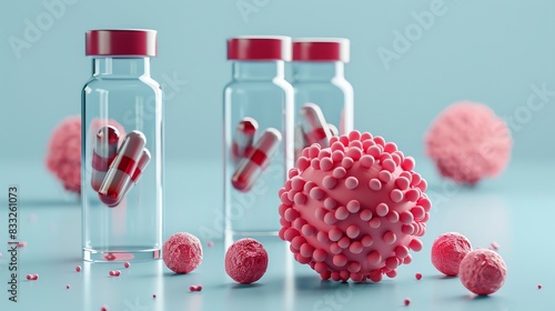 Medical concept image featuring virus-like particles and medication capsules inside vials against a blue background. photo