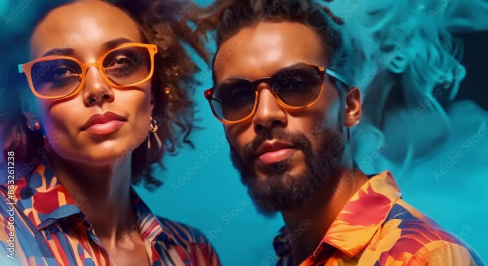 Stylish Studio Shoot: Retrowave Fashion Couple in Vibrant Clothing. Concept Retro Futuristic, Neon Lights, 80s Style Fashion, Dramatic Lighting, Colorful Backgrounds Stylish Studio Shoot: Retrowave Fashion Couple in Vibrant Clothing. Concept Retro Futuristic, Neon Lights, 80s Style Fashion, Dramatic Lighting, Colorful Backgrounds