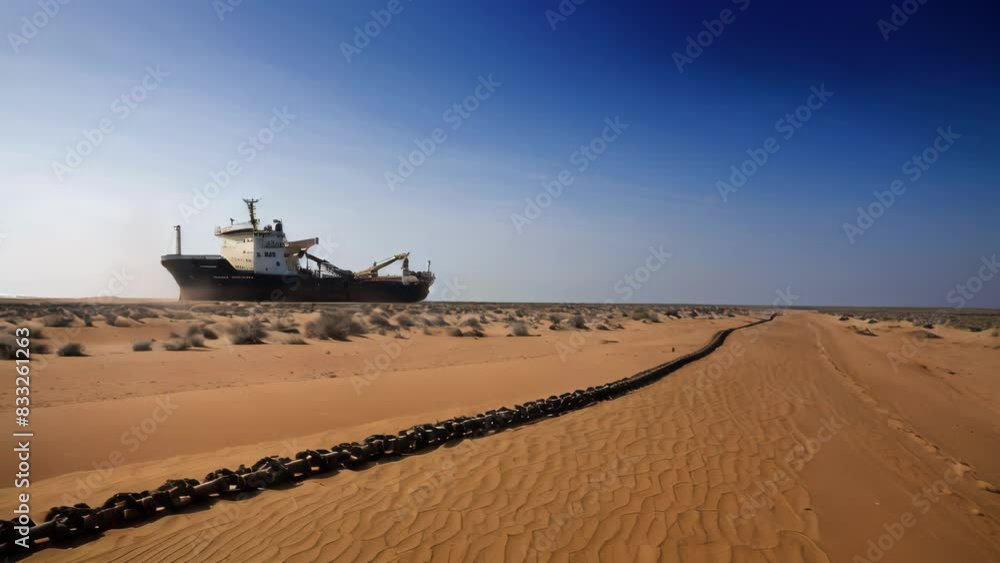 Abandoned Shipwreck in Desert With Long Chain on a Sunny Day Abandoned Shipwreck in Desert With Long Chain on a Sunny Day