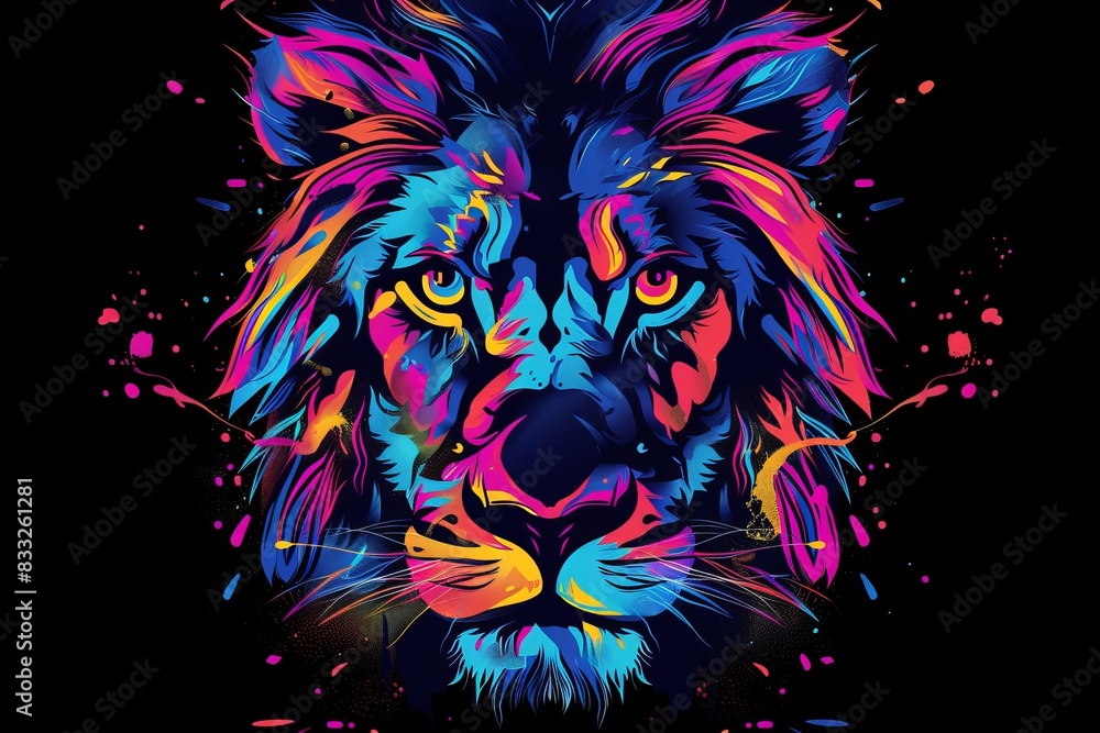 In addition to splatters of watercolors and neon colors set against black backgrounds, Lion is rendered in an artistic pop art style. In addition to splatters of watercolors and neon colors set against black backgrounds, Lion is rendered in an artistic pop art style.