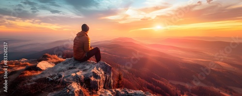 Traveler gazing at the majestic sunset over the sprawling wilderness from a mountain top