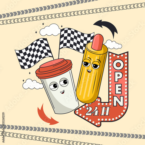 vintage car card  for gas station, cartoon character of card of gas station, groovy character fast food coffee and hot-dog on gas station