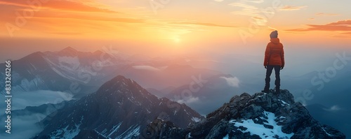 Adventurer Atop Rocky Mountain Peak at Dramatic Sunset