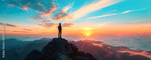 Silhouetted figure on mountain summit at colorful sunset serene natural landscape