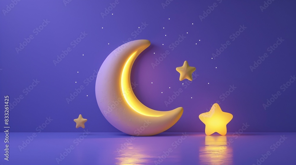 Naklejka premium Minimalistic glowing moon and stars on purple background, perfect for children's room decor or dreamy night-time ambiance. 3D Illustration.