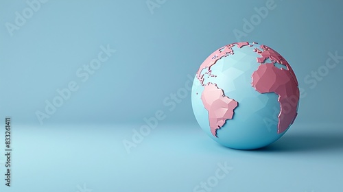 Minimalistic globe with pink continents and blue oceans  symbolizing global connection and international relations on a pastel background. 3D Illustration.