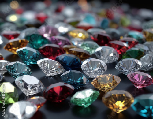 I diamanti colorati, perfettamente tagliati, sono adagiati su una superficie riflettente, creando un gioco di luci e ombre affascinante. photo