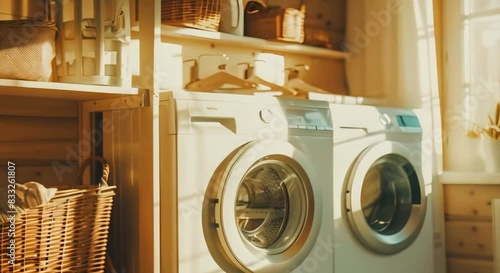Wallpaper Mural Charming beige laundry room adorned with wicker baskets and washing machines. Concept Laundry Room Decor, Beige Aesthetic, Wicker Baskets, Washing Machines, Home Interior Torontodigital.ca