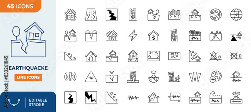 Earthquacke Line Editable Icons set. Containing Natural disaster, destruction, earthquake safety, etc. Editable stroke. Vector illustration	