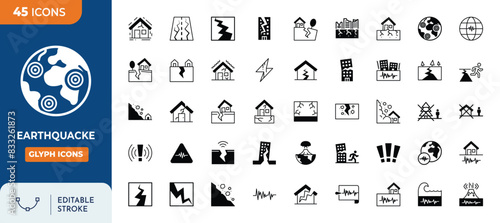 Earthquacke Solid Icons set. Containing Natural disaster, destruction, earthquake safety, and more. Editable stroke. Vector illustration	