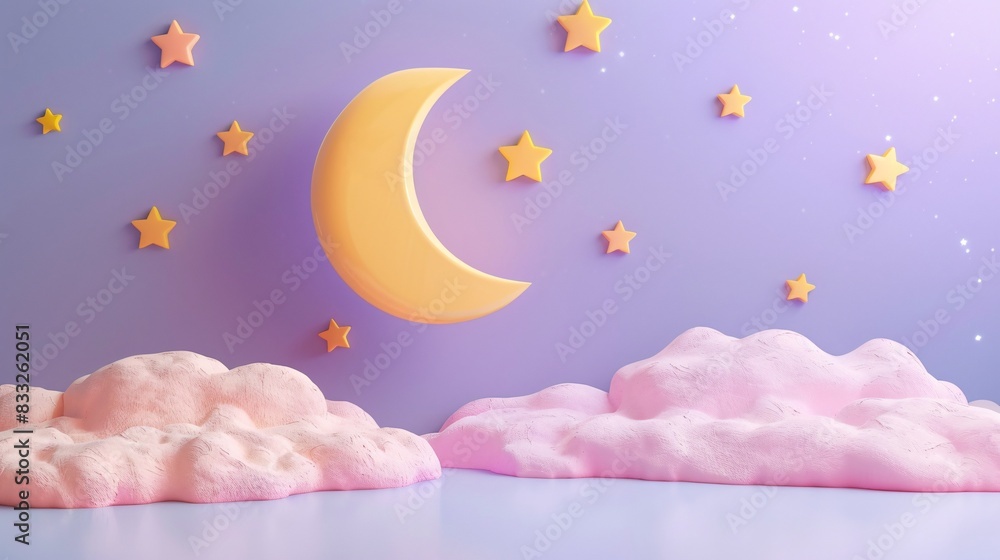 Surreal dreamy night sky scene with crescent moon, stars, and fluffy pink clouds against a pastel purple backdrop. Perfect for bedtime stories. 3D Illustration. Surreal dreamy night sky scene with crescent moon, stars, and fluffy pink clouds against a pastel purple backdrop. Perfect for bedtime stories. 3D Illustration.