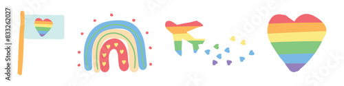 Gay Pride or LGBT Happy Pride Month sticker design. Diverse Cartoon Stickers with LGBTQ Rainbow Motifs. A set of color illustrations on the theme of lgbt: flag of hearts, rainbow. Design for decor.