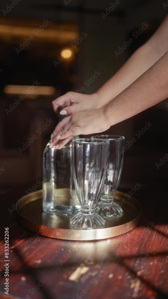 Woman pouring water into glasses on a tray indoors, with cozy living room ambience. Woman pouring water into glasses on a tray indoors, with cozy living room ambience.