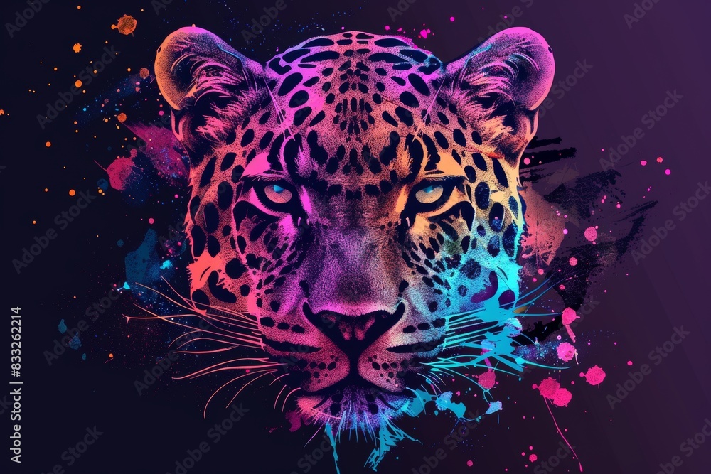 A watercolor painting of an abstract jaguar in a variety of colors looking ahead against a black backdrop. A watercolor painting of an abstract jaguar in a variety of colors looking ahead against a black backdrop.