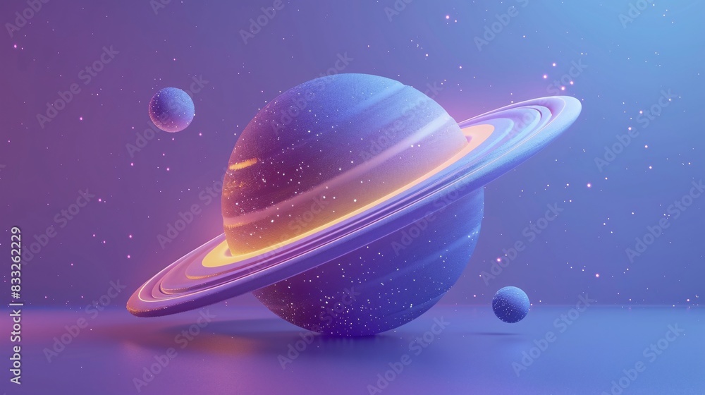 Naklejka premium Vibrant 3D illustration of a glowing planet with rings and moons, set against a gradient background, perfect for sci-fi and fantasy themes. 3D Illustration.