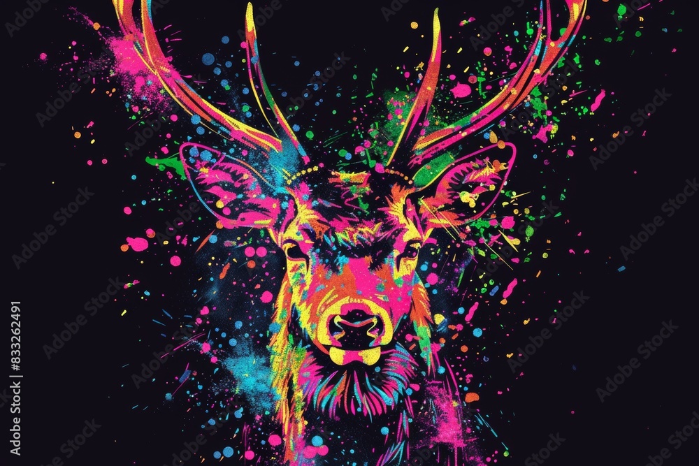 A neon-colored elk rests on a black background with an abstract design executed in a pop art style. A neon-colored elk rests on a black background with an abstract design executed in a pop art style.