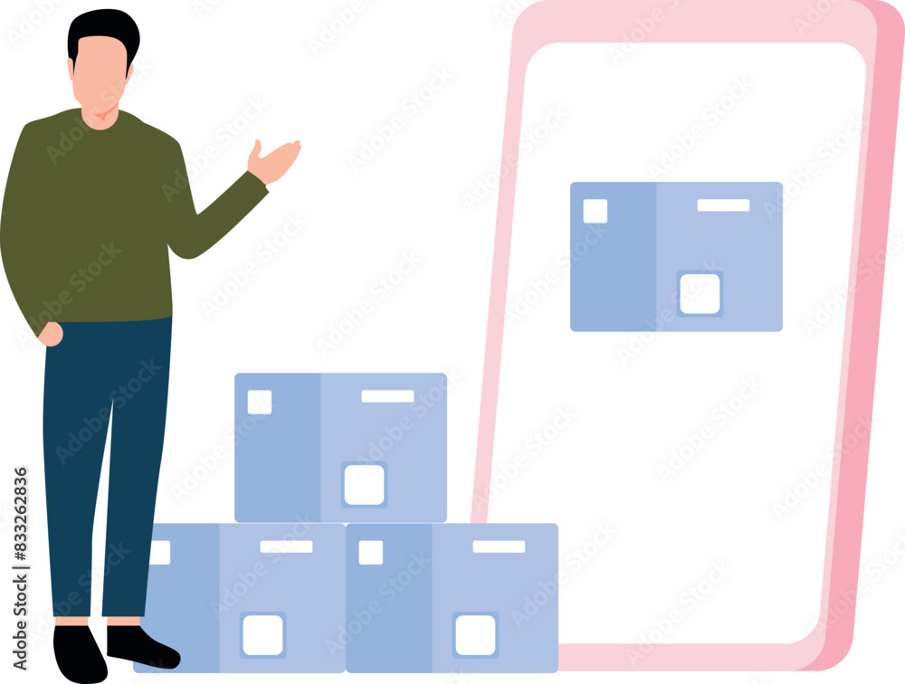 Boy pointing at parcel on mobile. Boy pointing at parcel on mobile.