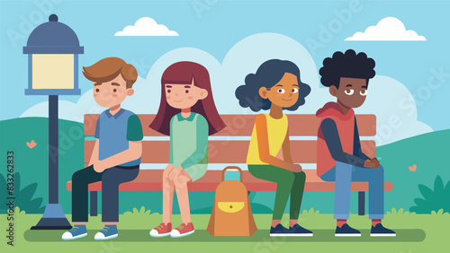 As the bell to start the school day rings a group of friends part ways on the friendship bench promising to meet up at lunch and continue their. Vector illustration