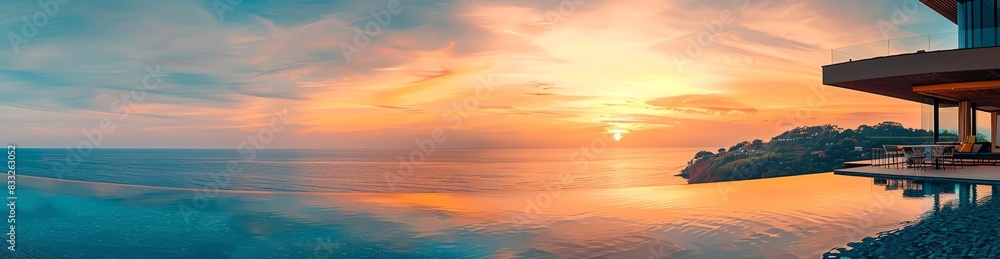 Infinity pool at a highend resort, sunset creating a beautiful gradient in the sky, sleek design and modern architecture, highdetail photography, luxurious and inviting scene Infinity pool at a highend resort, sunset creating a beautiful gradient in the sky, sleek design and modern architecture, highdetail photography, luxurious and inviting scene