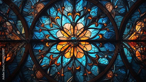 Intricate stained glass window with floral patterns and vibrant colors